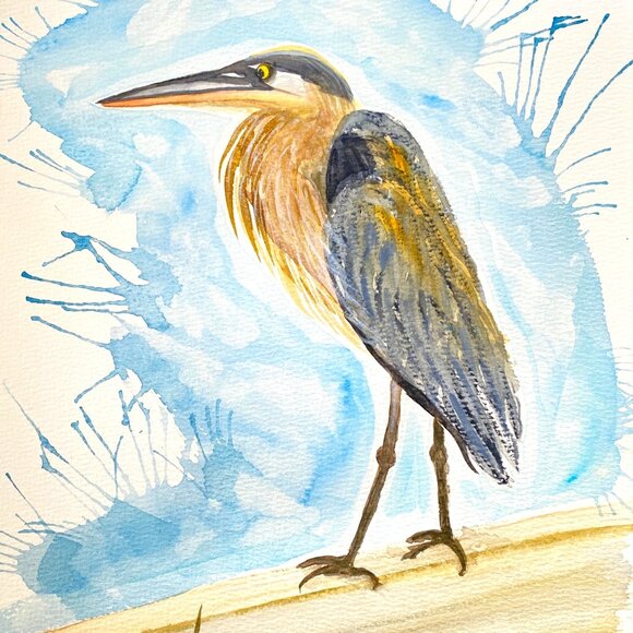 Artist Tristina Dietz Elmes Other - Great Blue Heron on the Dock Art Original Watercolor Painting 11x14in Matted